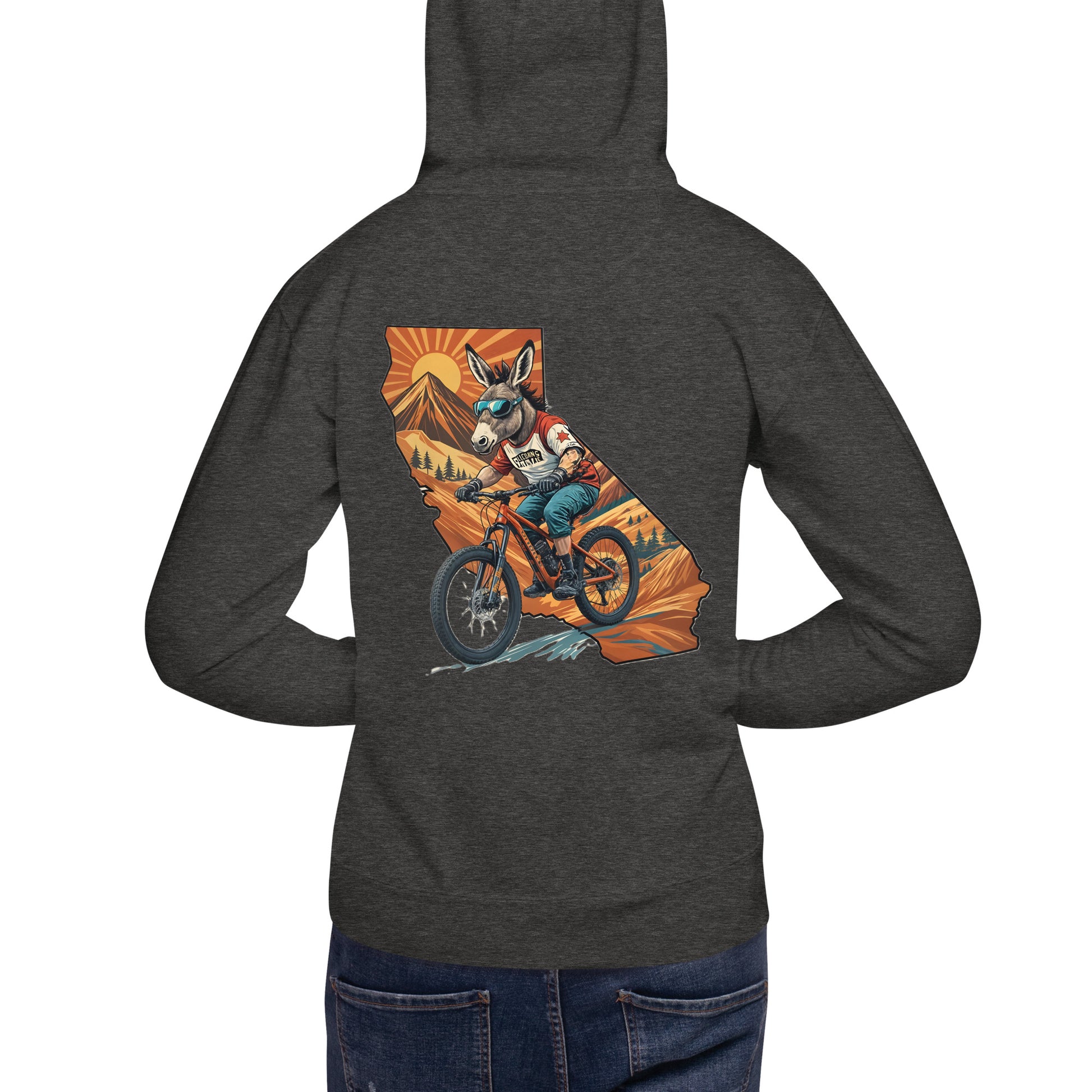 Dark gray hoodie with a colorful graphic of a bear riding a bike on the back, on a white background.