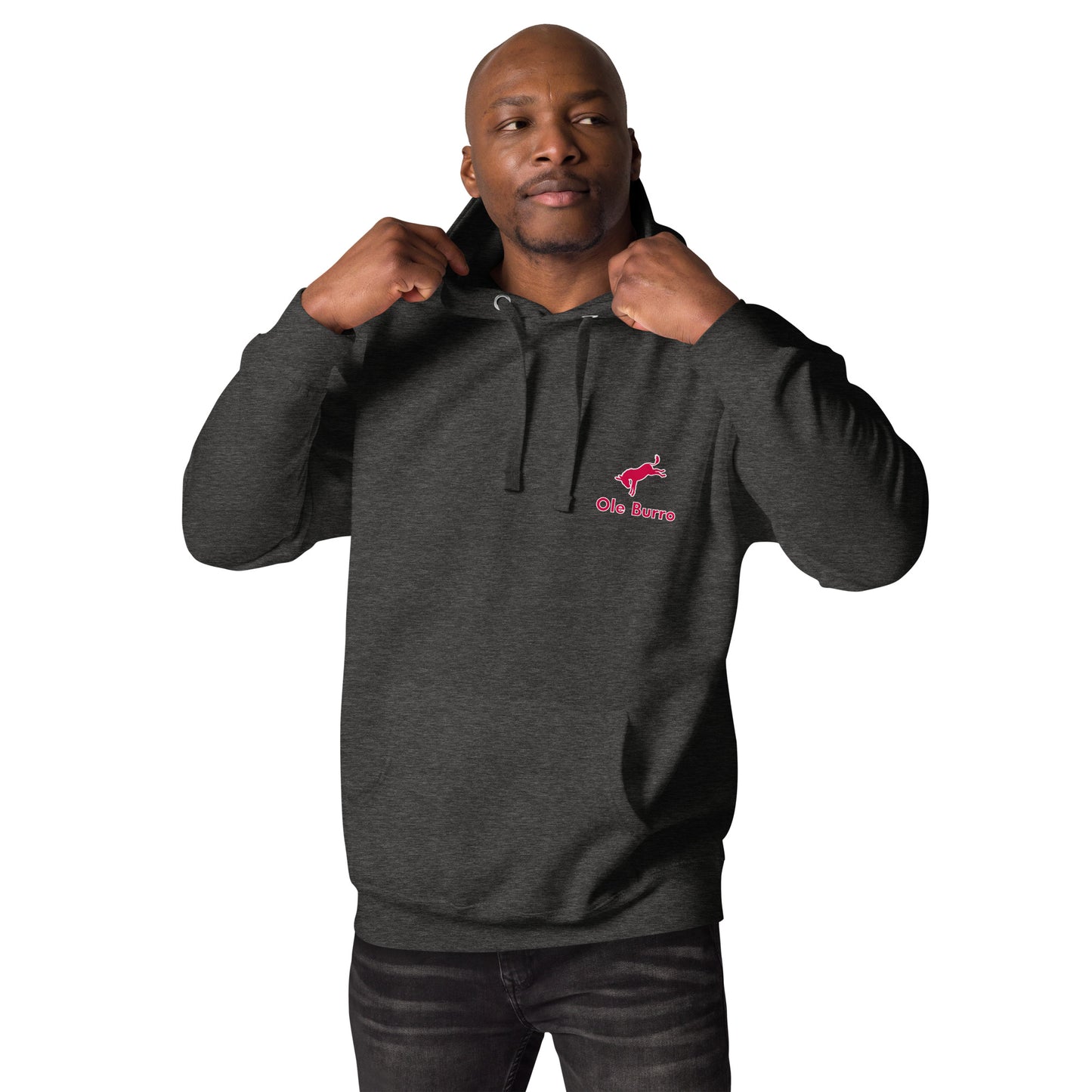 Man wearing a dark gray hoodie with a logo on a white background