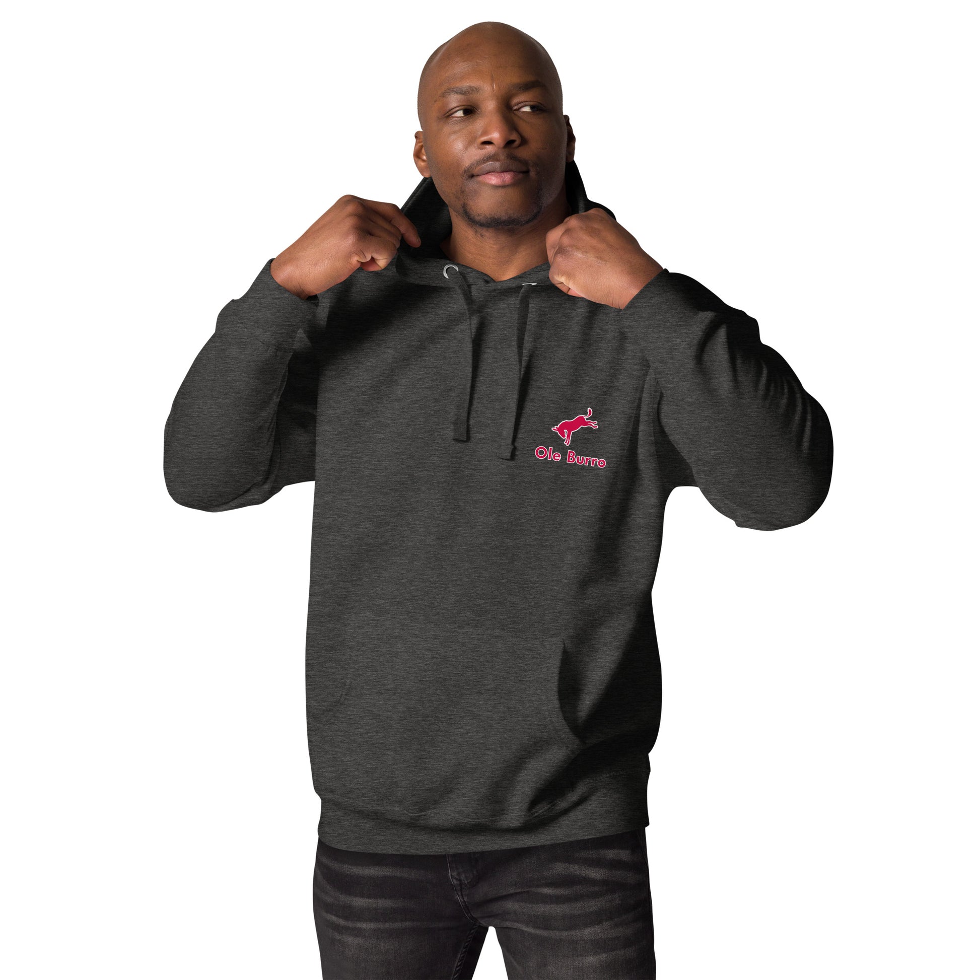 Man wearing a dark gray hoodie with a logo on a white background