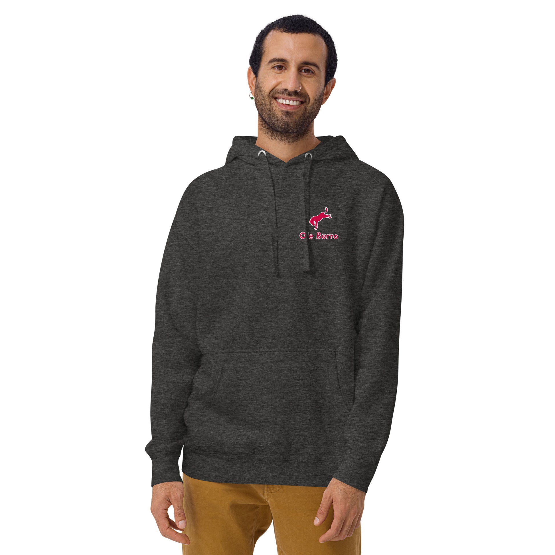 Man wearing a dark gray hoodie with a logo on a white background