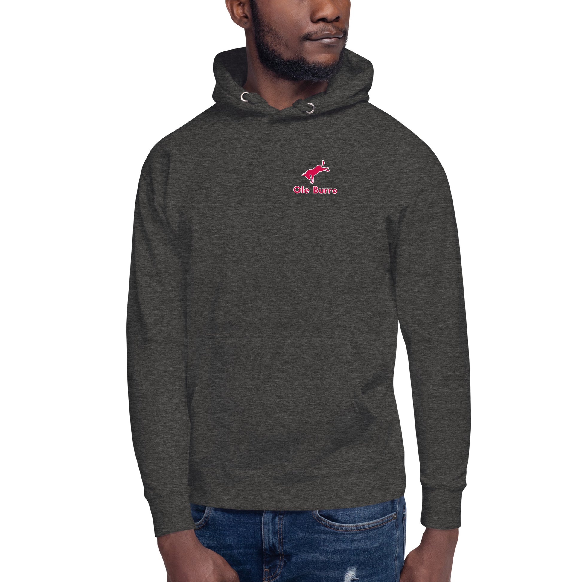 Dark gray hoodie with a logo on the chest against a white background