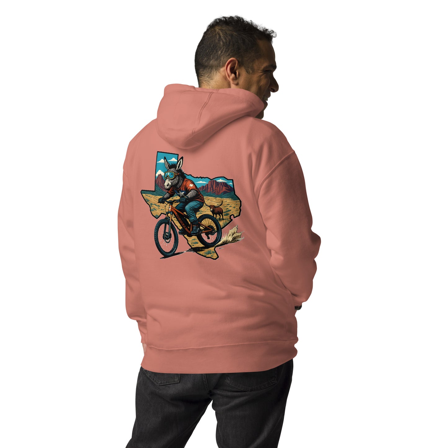 Person wearing a pink hoodie with a graphic design on the back