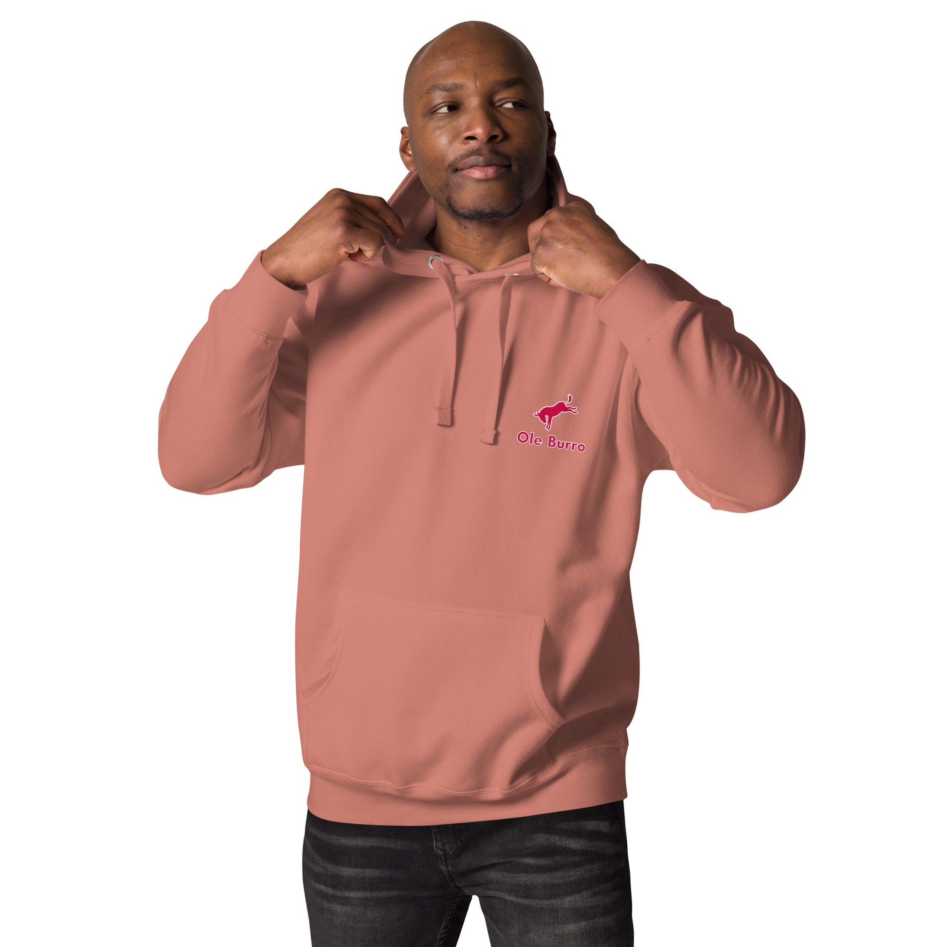 Man wearing a pink hoodie with a logo on a white background