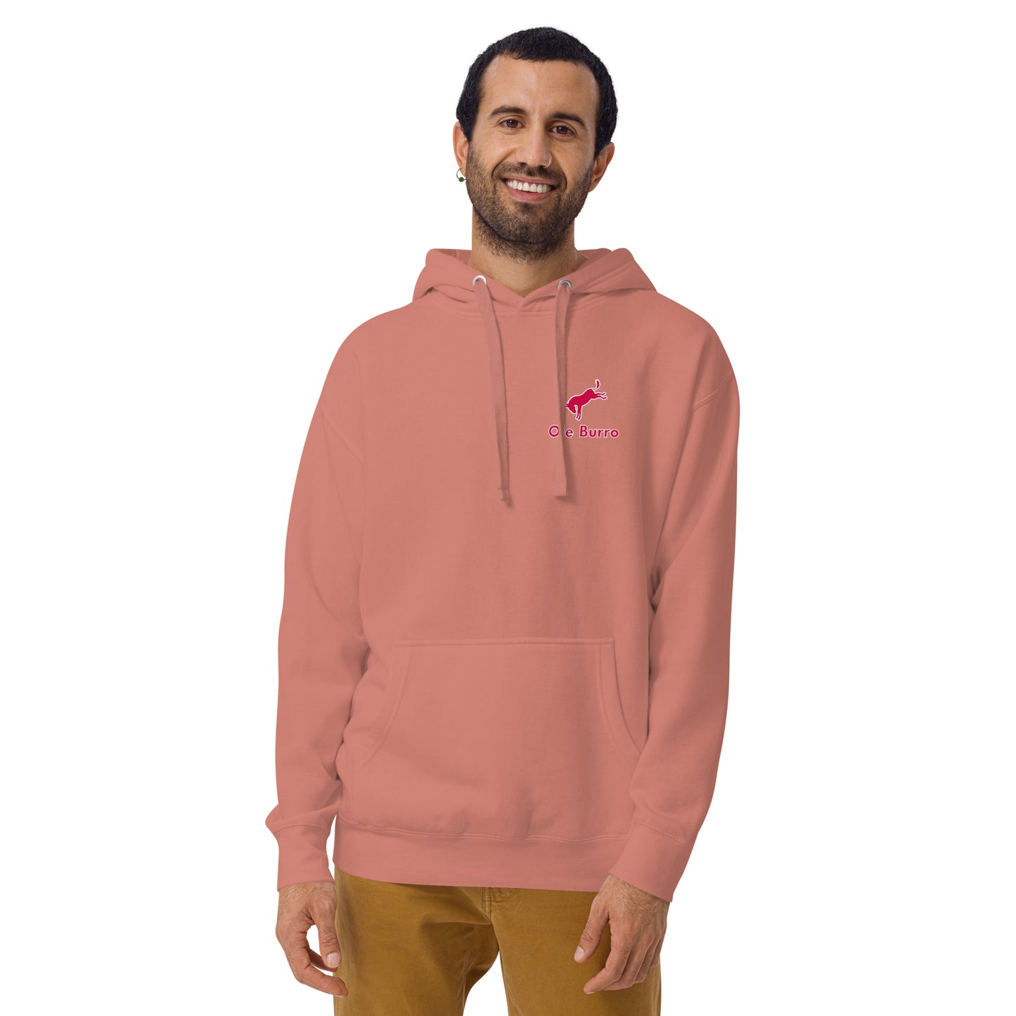 Man wearing a pink hoodie with a logo on a white background