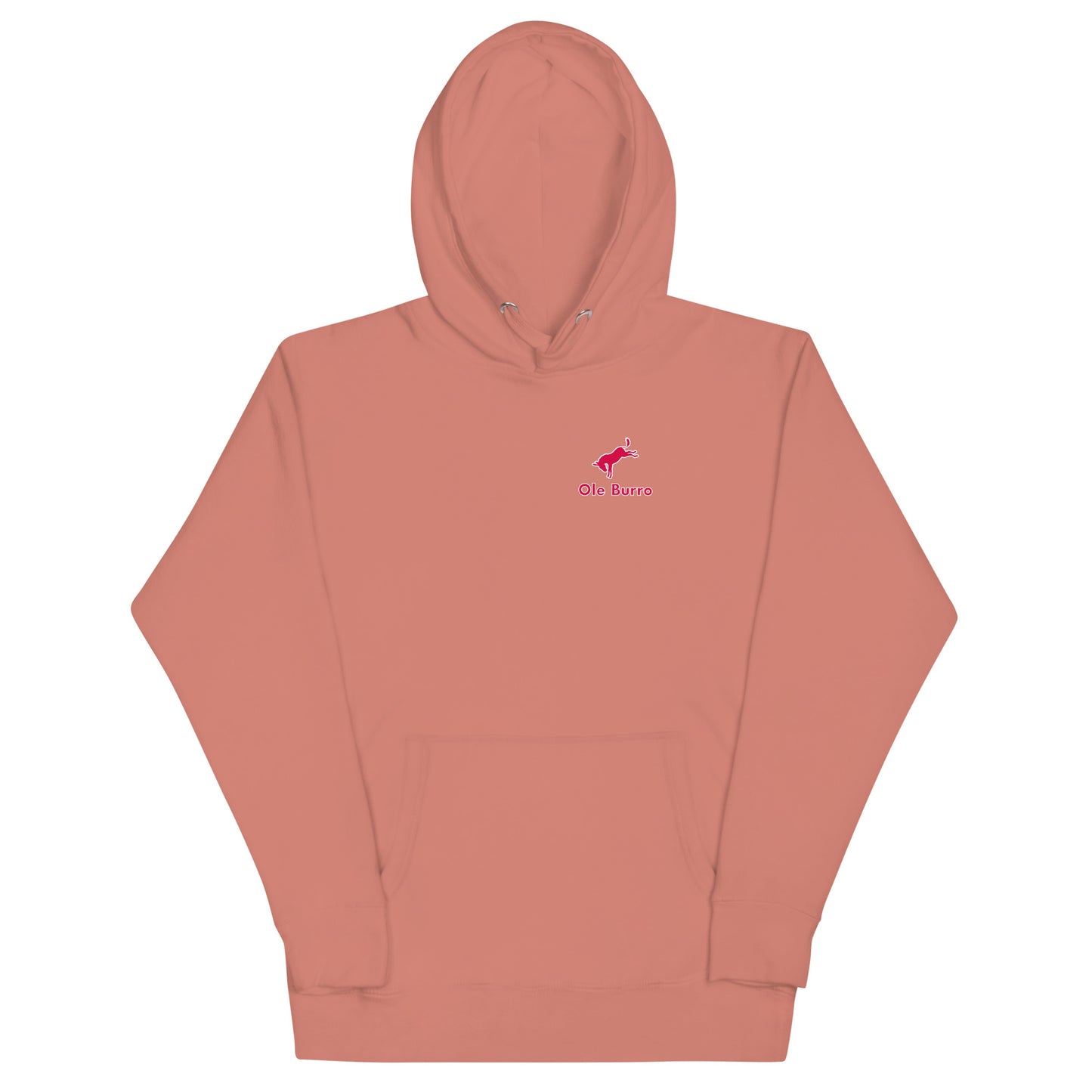 Coral hoodie with a small logo on the chest against a white background