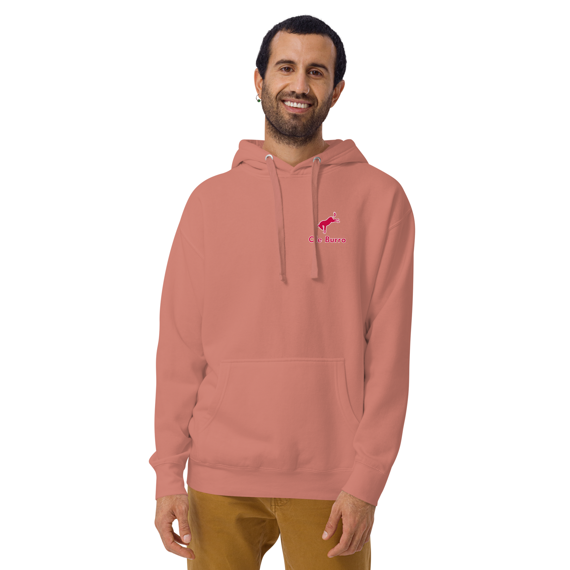 Man wearing a pink hoodie with a logo on a white background