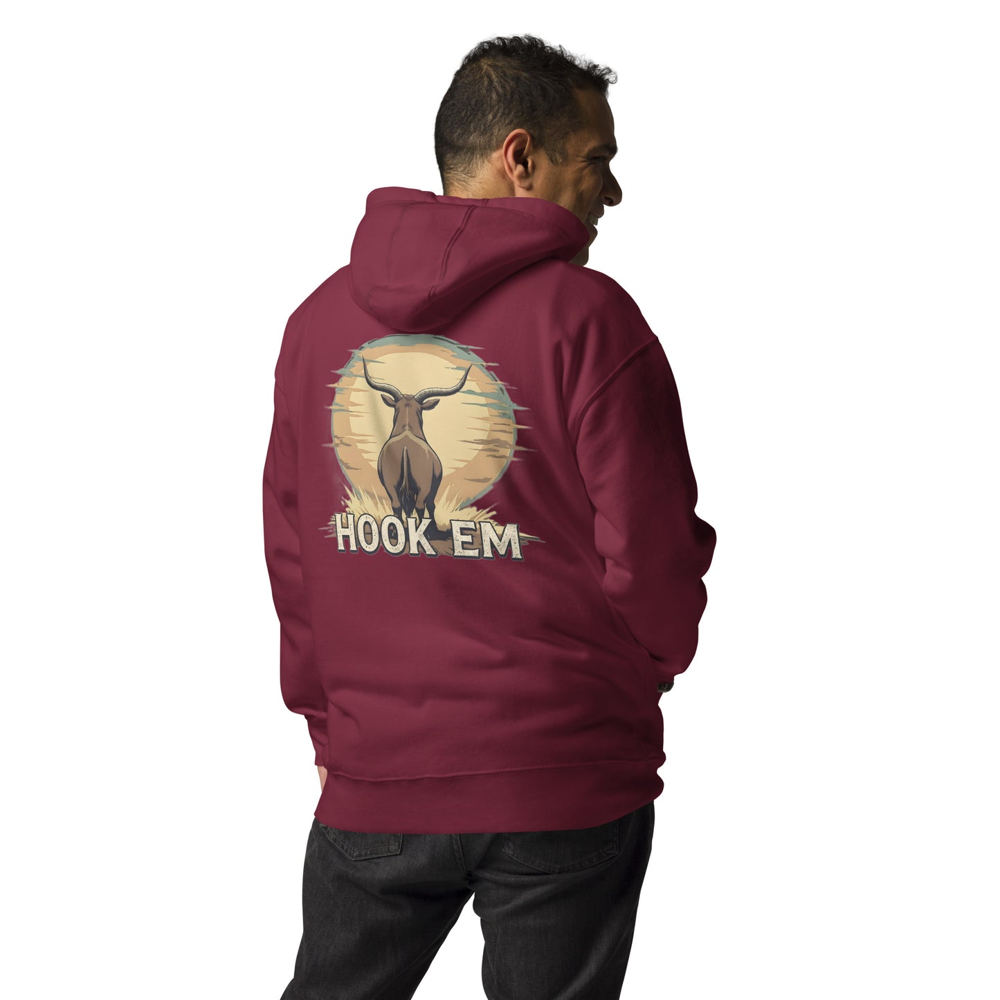 Man wearing a maroon hoodie with a graphic design on the back against a white background