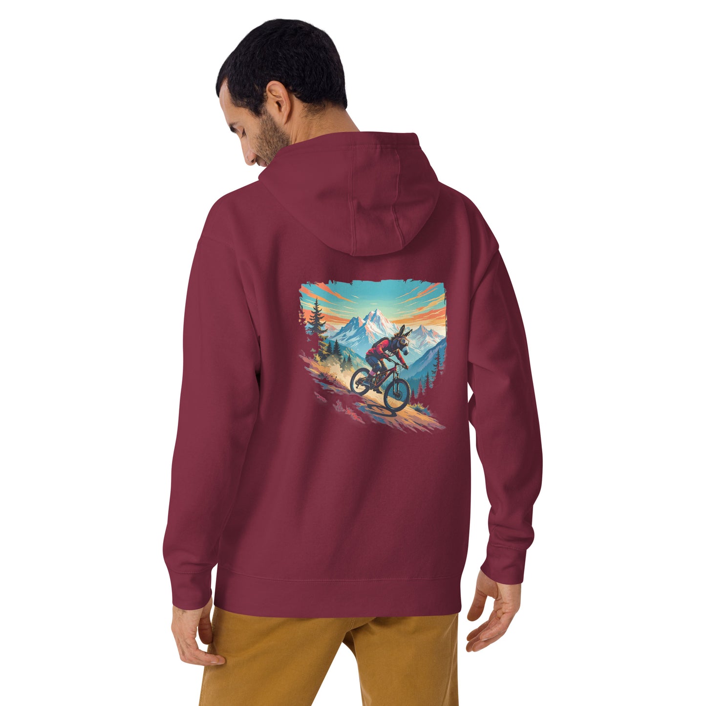 Man wearing a maroon hoodie with a mountain bike graphic on the back, standing against a white background.