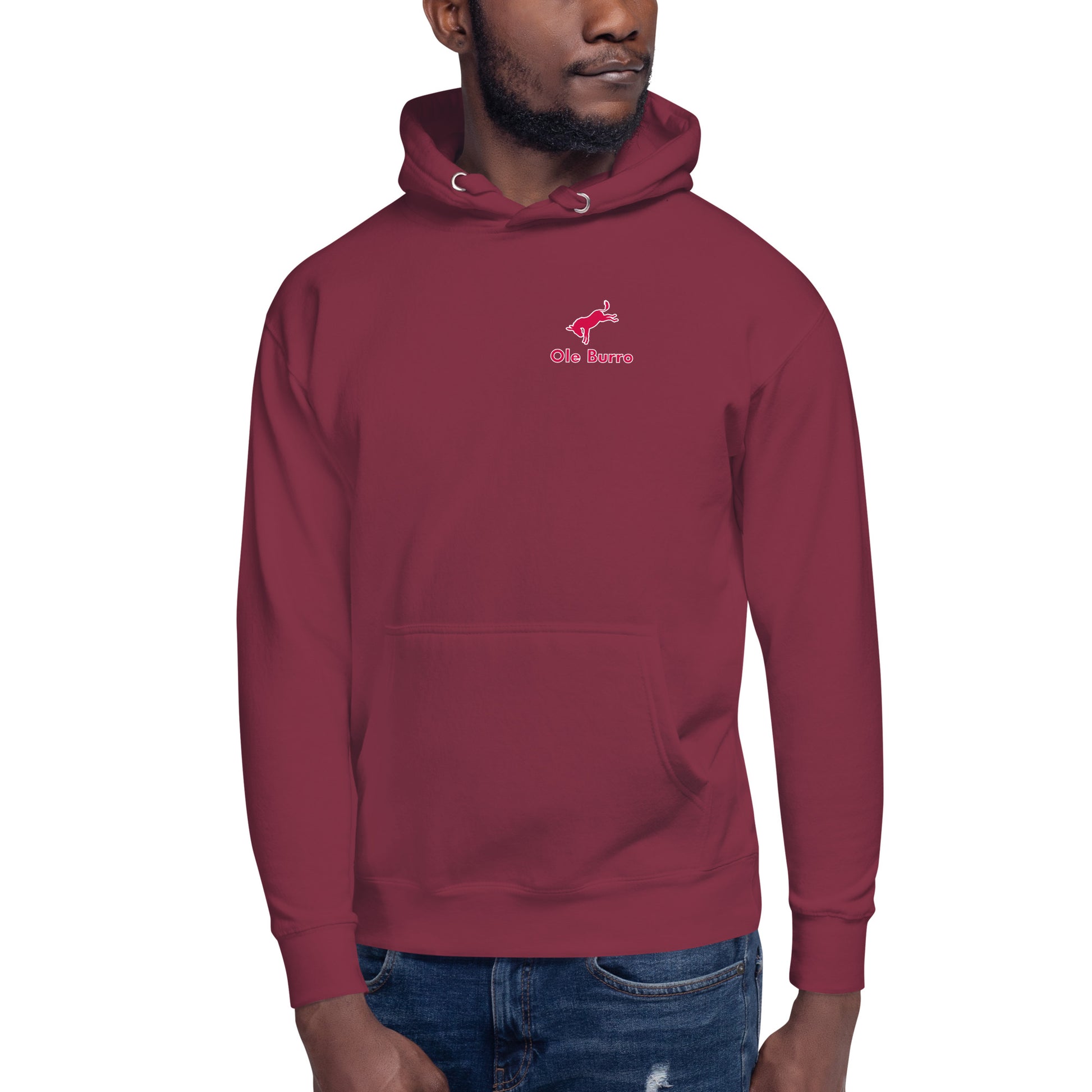 Maroon hoodie with a logo on the chest against a white background