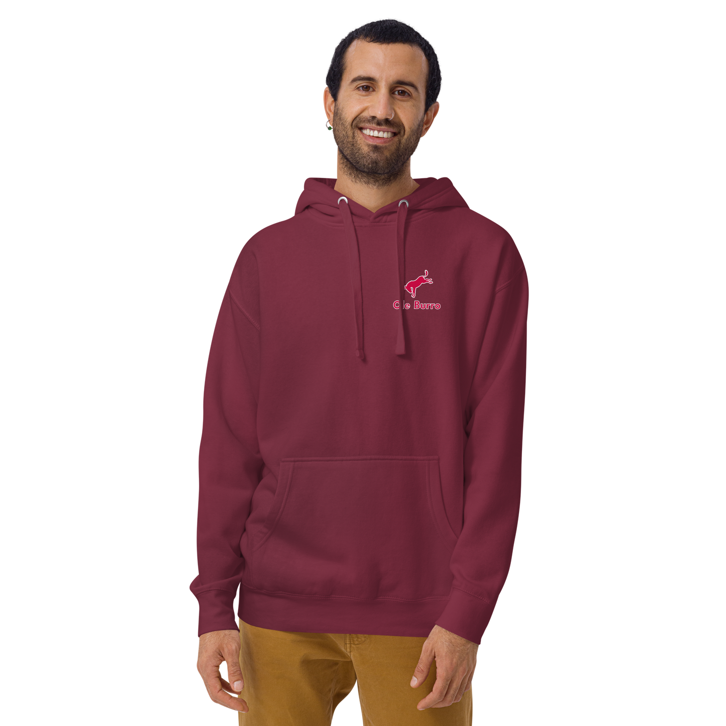 Man wearing a maroon hoodie with a logo on a white background