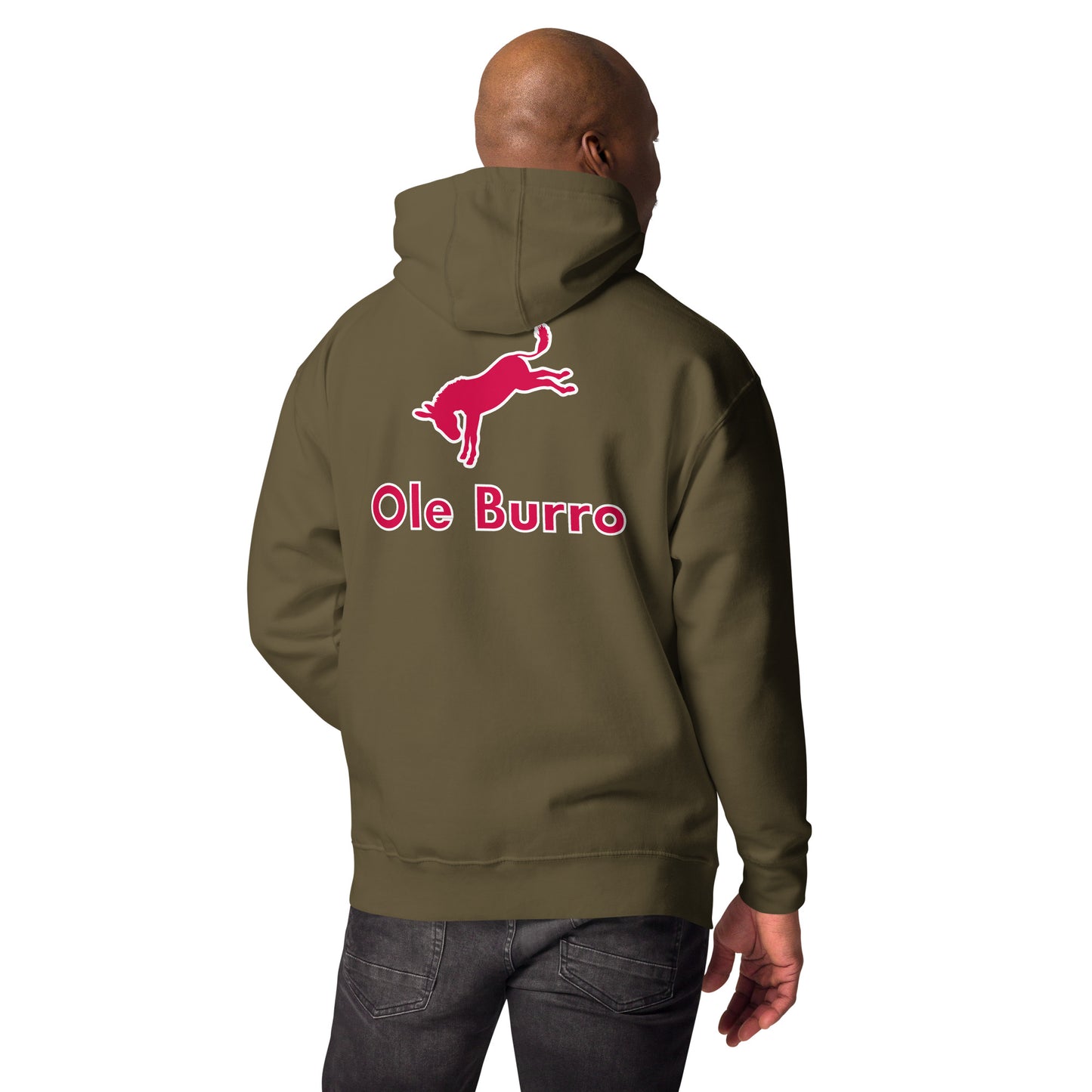 Person wearing a green hoodie with 'Ole Burro' logo on the back, on a white background