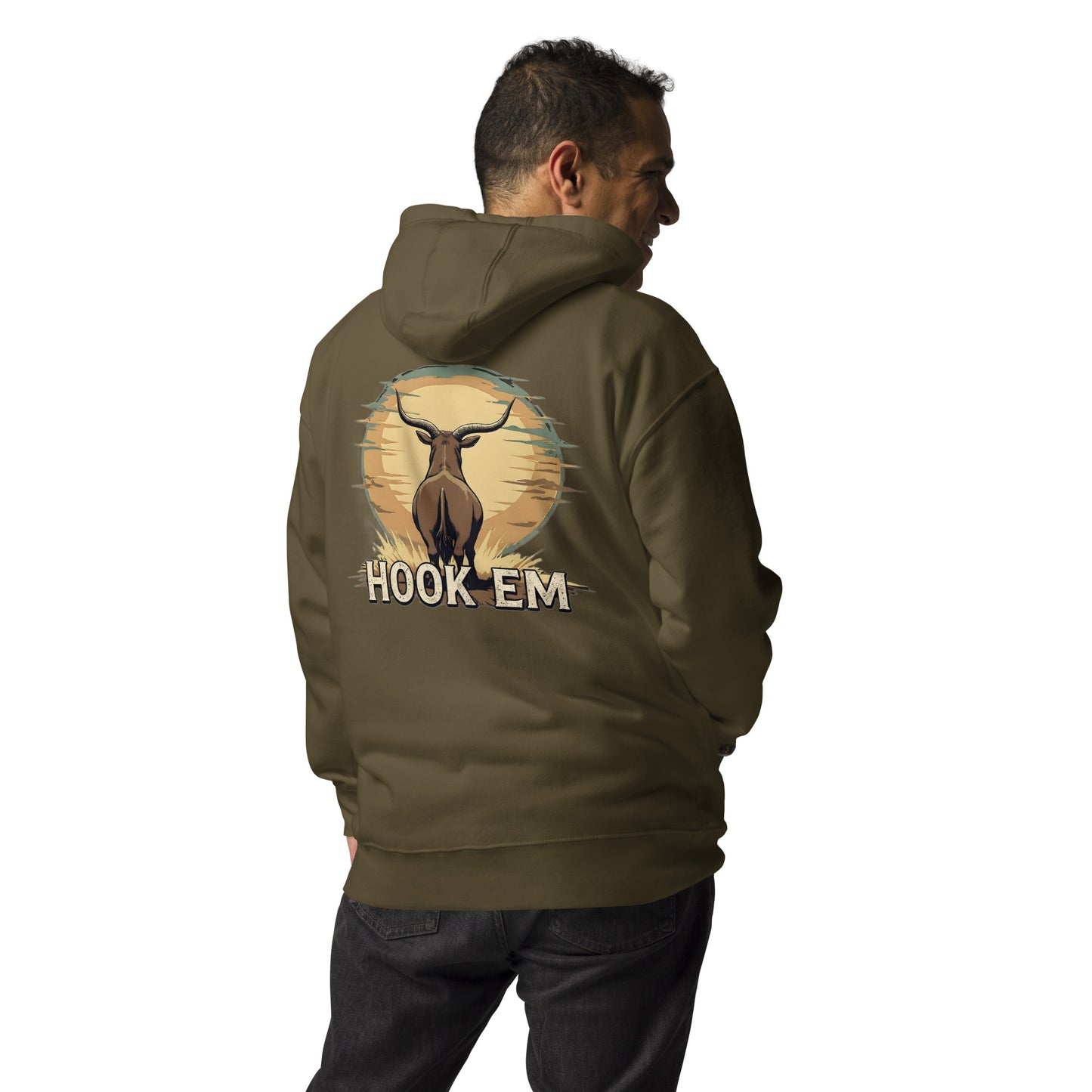 Man wearing a green hoodie with a deer graphic and 'HOOK EM' text on the back, against a white background.