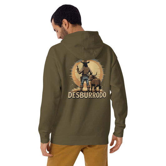 Man wearing a green hoodie with a graphic design on the back, featuring a person and a rhino, with 'DESBURRADO' text.