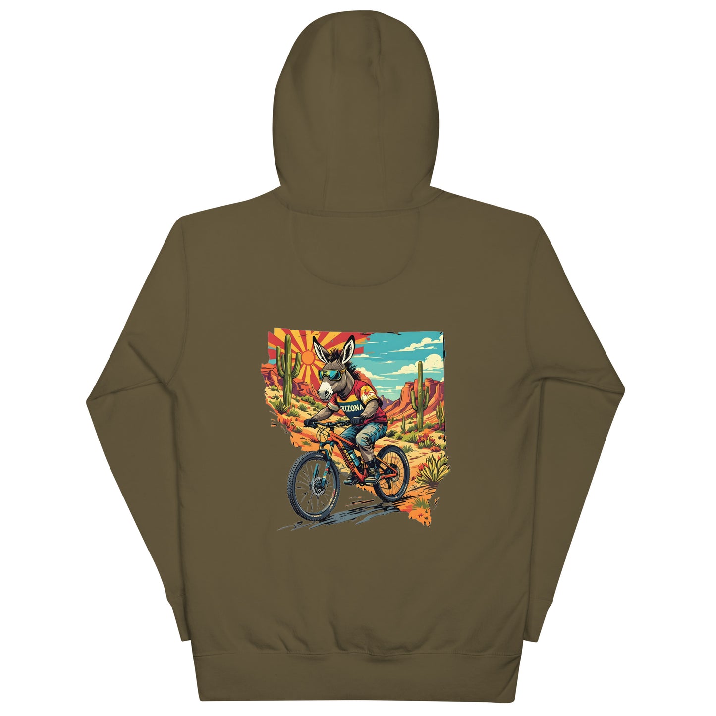 Brown hoodie with a colorful graphic of a person on a bike in a desert scene on the back.