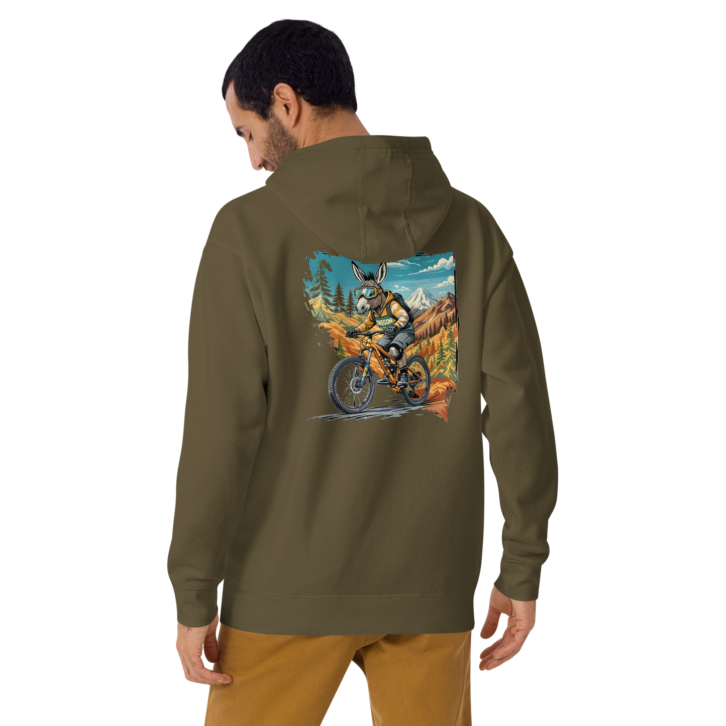 Person wearing a green hoodie with a colorful graphic on the back, standing against a white background