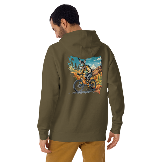 Person wearing a green hoodie with a colorful graphic on the back, standing against a white background