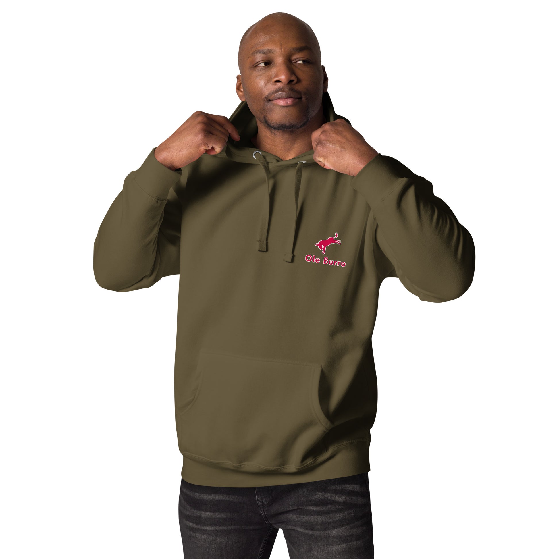 Man wearing a green hoodie with a logo on a white background