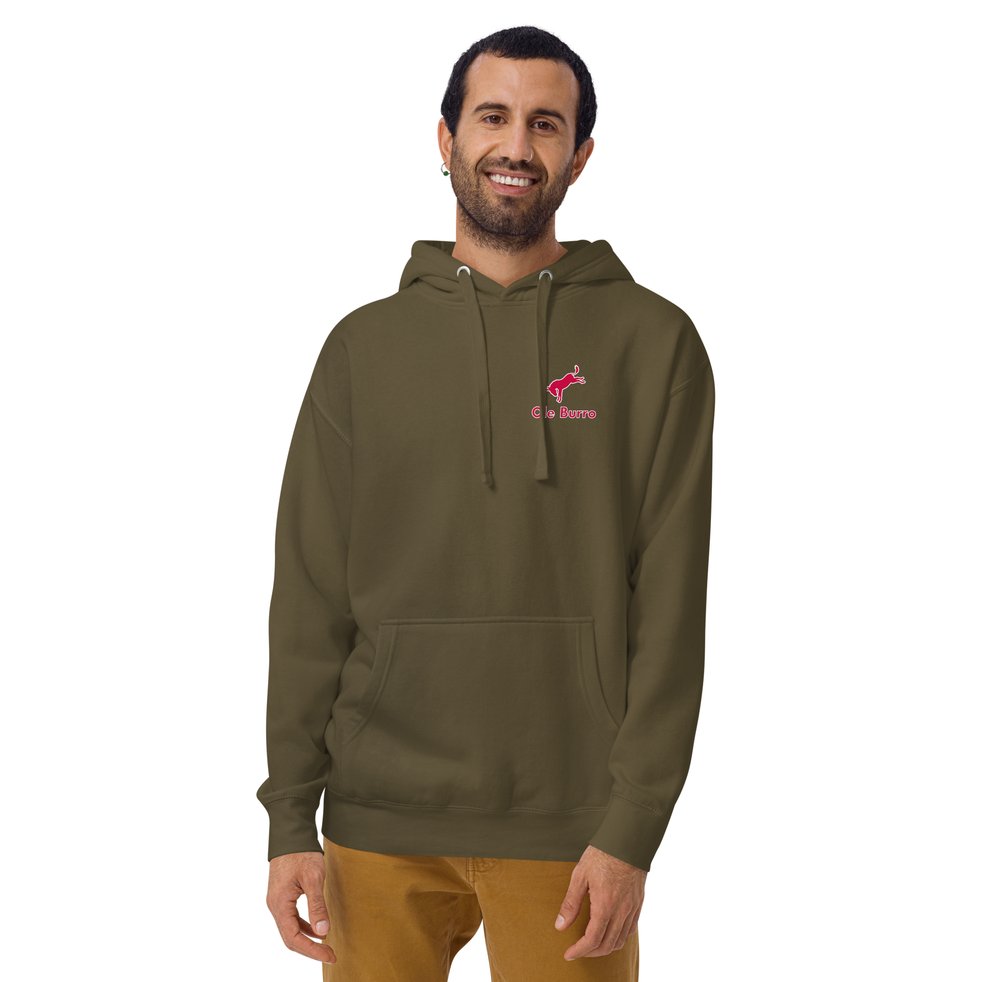 Man wearing a green hoodie with a logo on a white background
