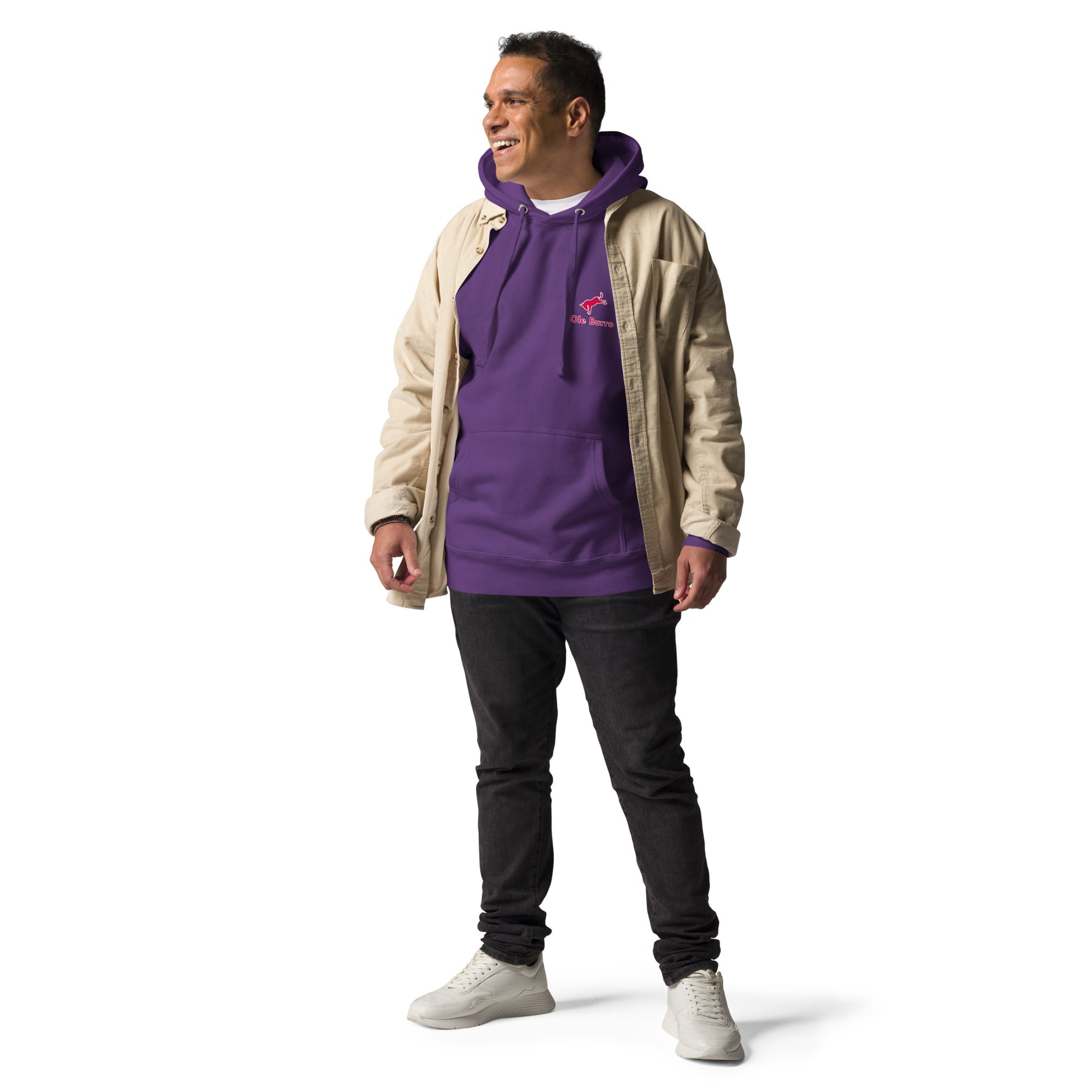 Man wearing a purple hoodie with a logo and a beige jacket on a white background