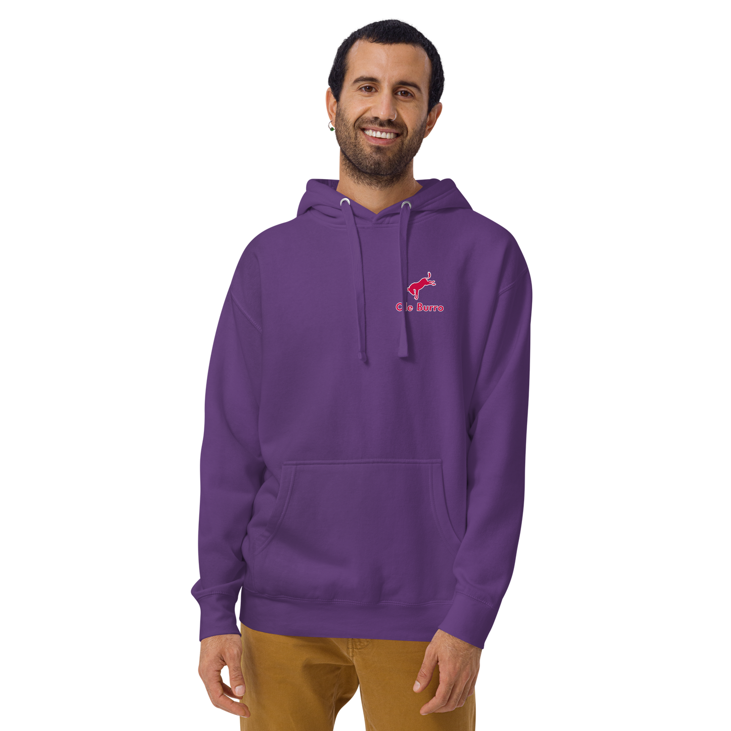 Man wearing a purple hoodie with a logo on a white background