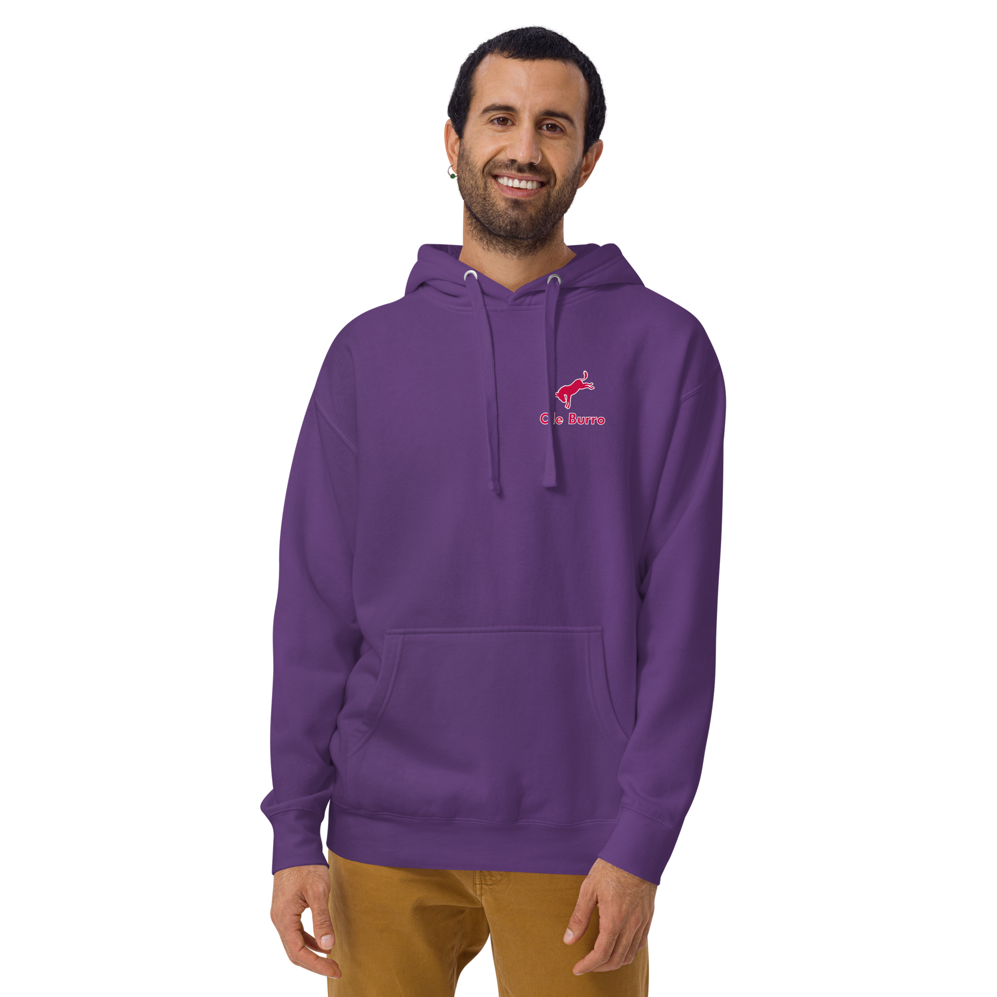 Man wearing a purple hoodie with a logo on a white background