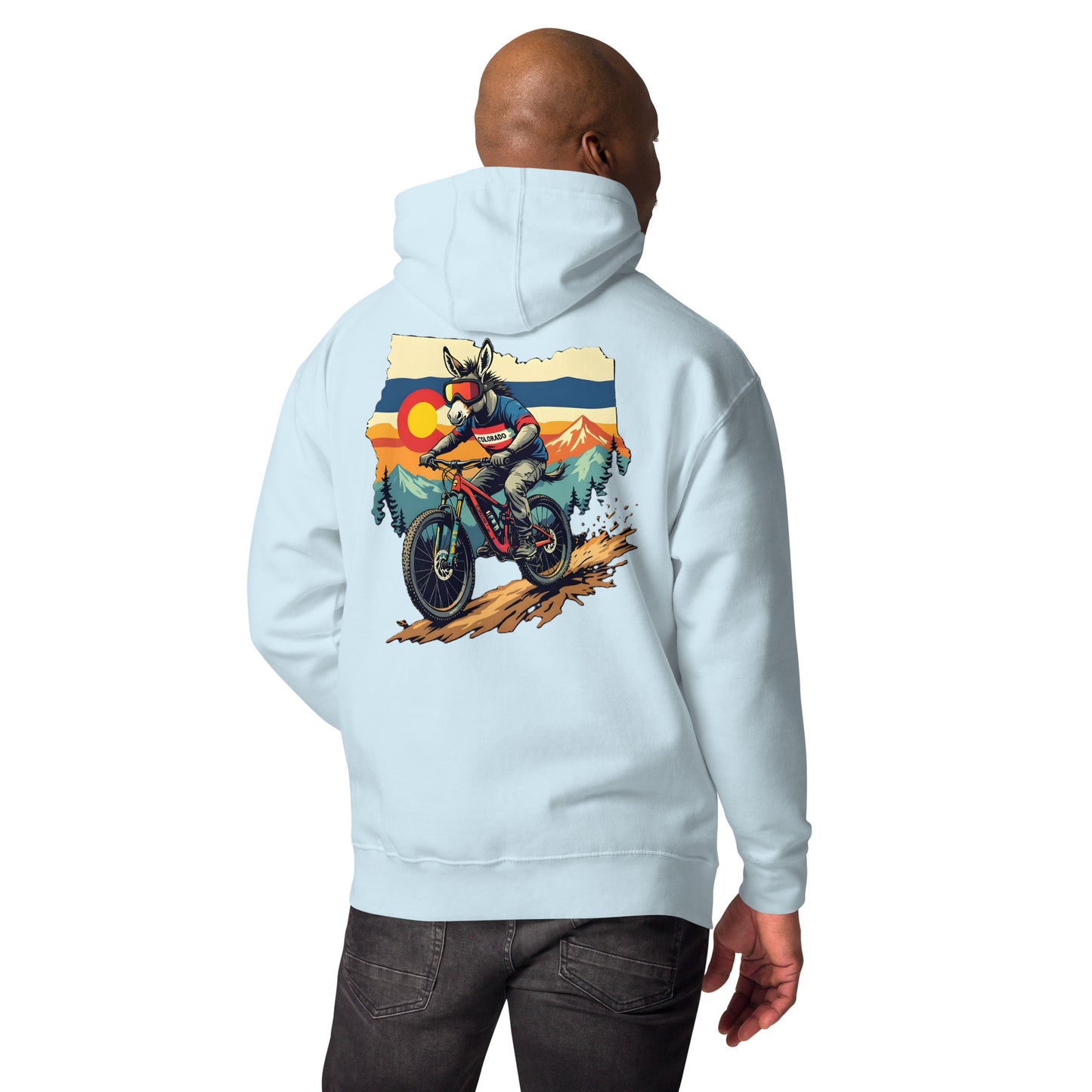 Light blue hoodie with a motorcycle graphic on the back, worn by a person.