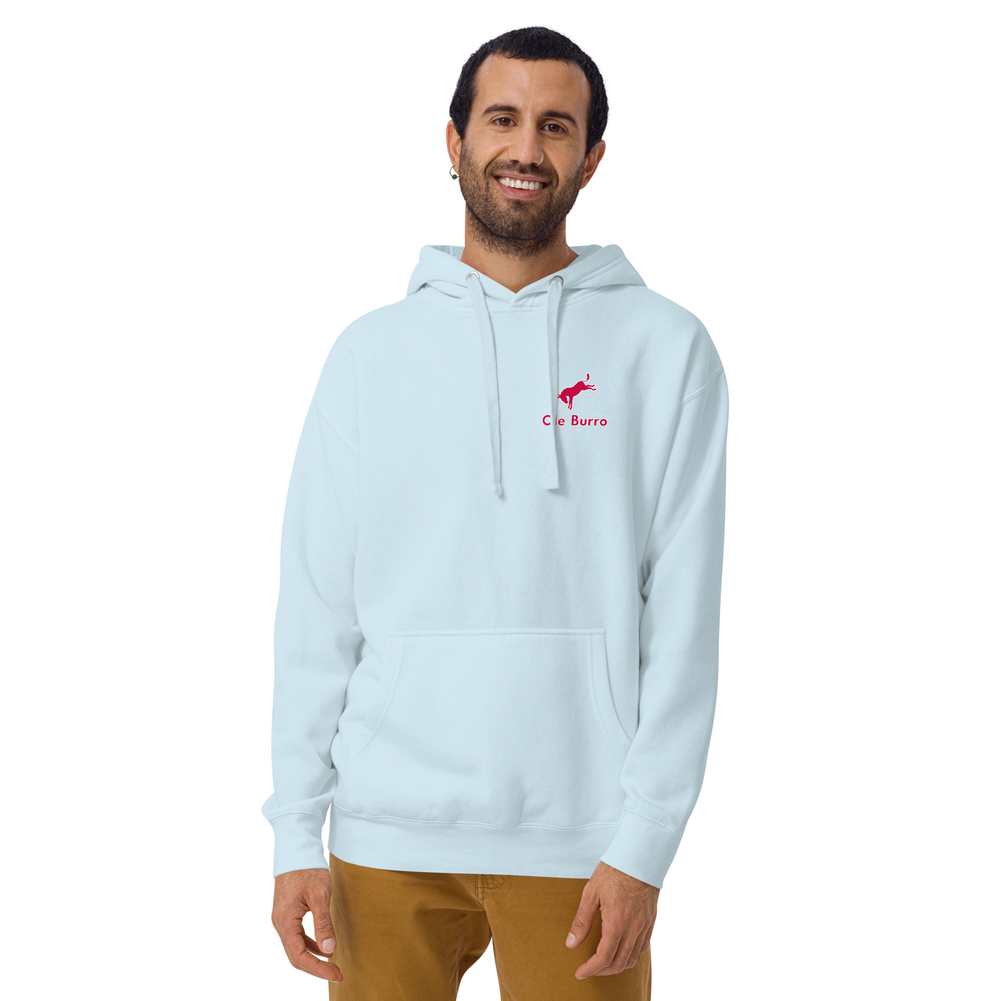 Man wearing a light blue hoodie with a logo on a white background