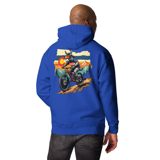 Person wearing a blue hoodie with a graphic of a person on a motorcycle and mountains on the back.