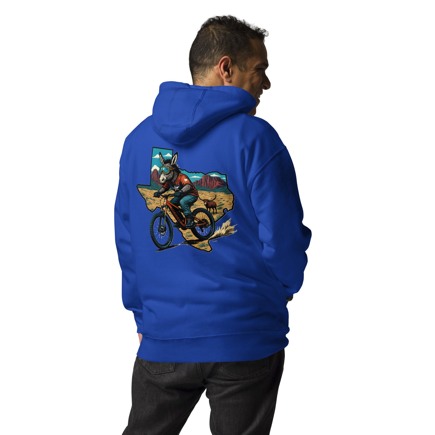 Person wearing a blue hoodie with a graphic design on the back, standing against a white background