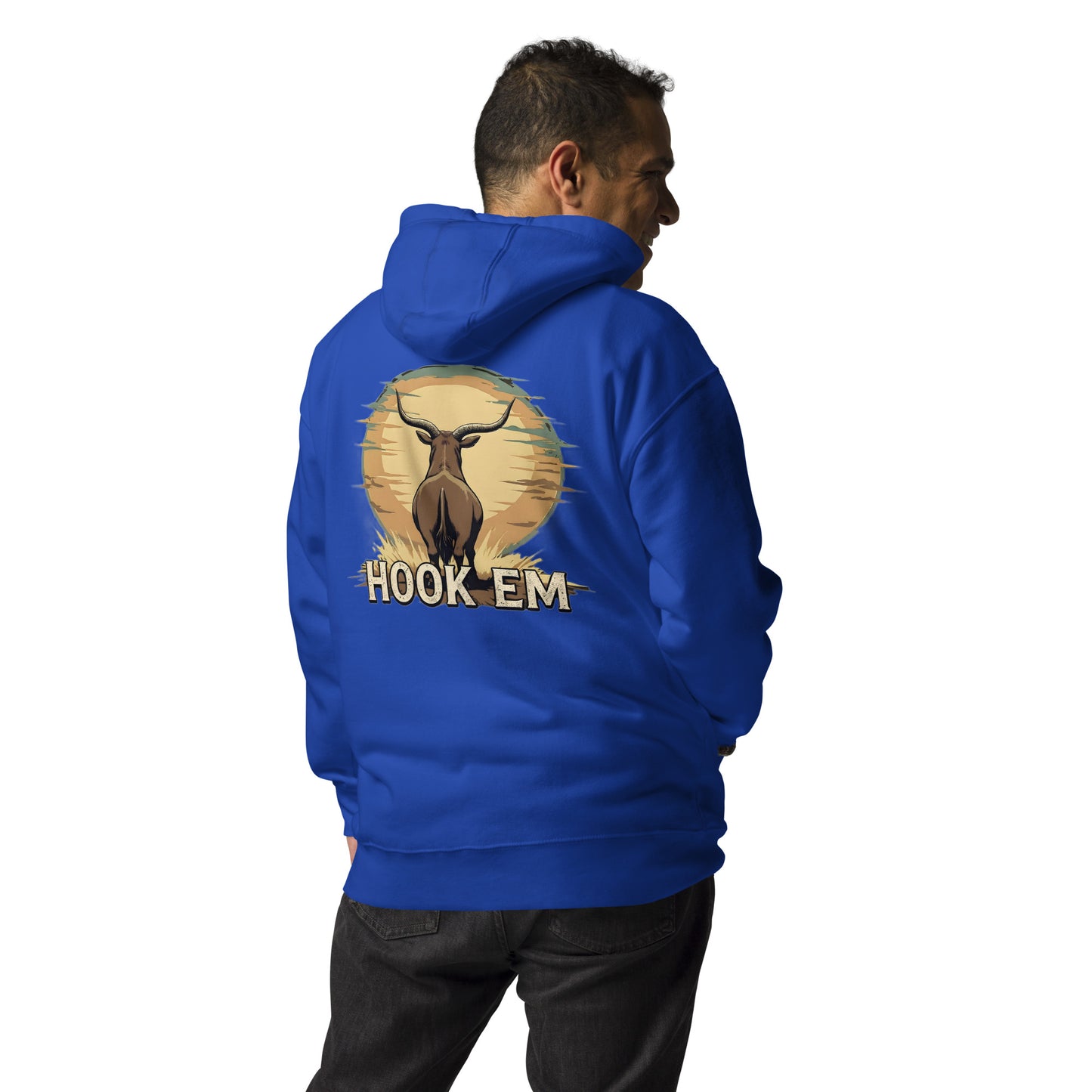 Person wearing a blue hoodie with 'Hook Em' design on the back