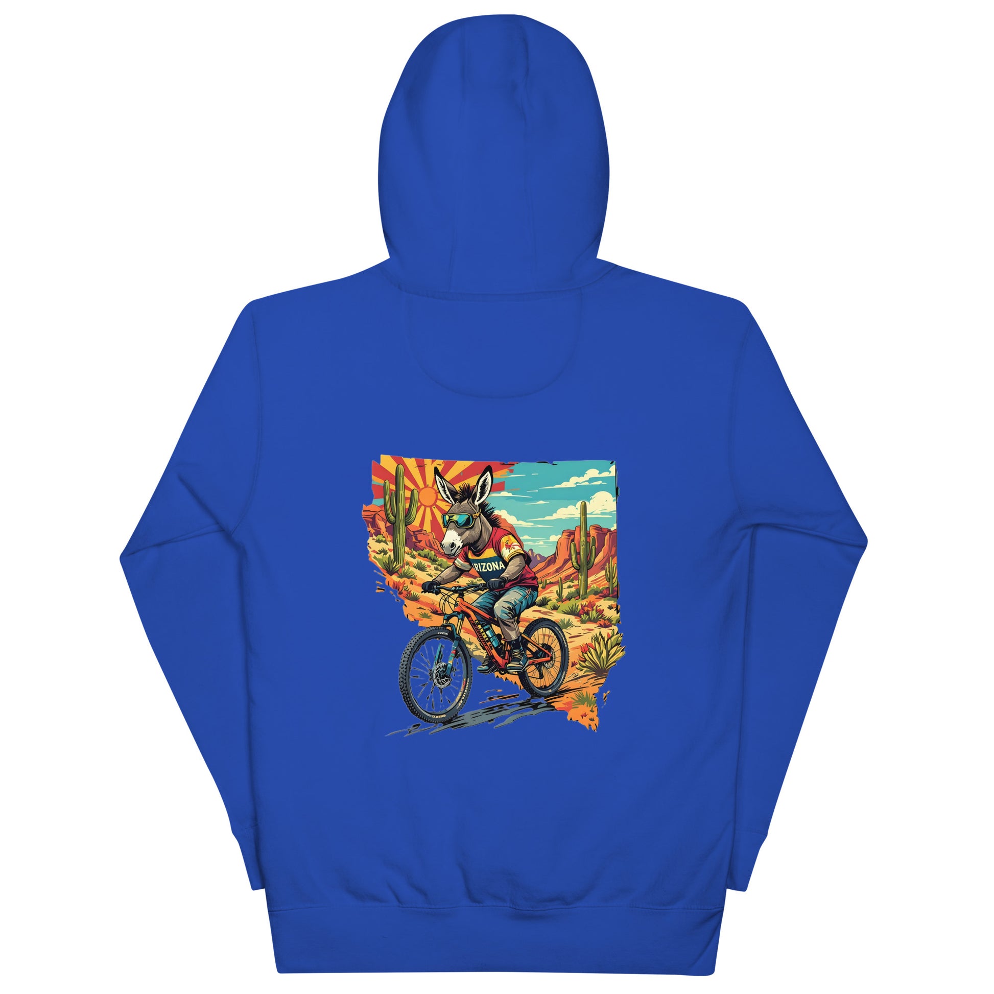 Blue hoodie with a graphic of a person riding a bike in a desert landscape on a white background