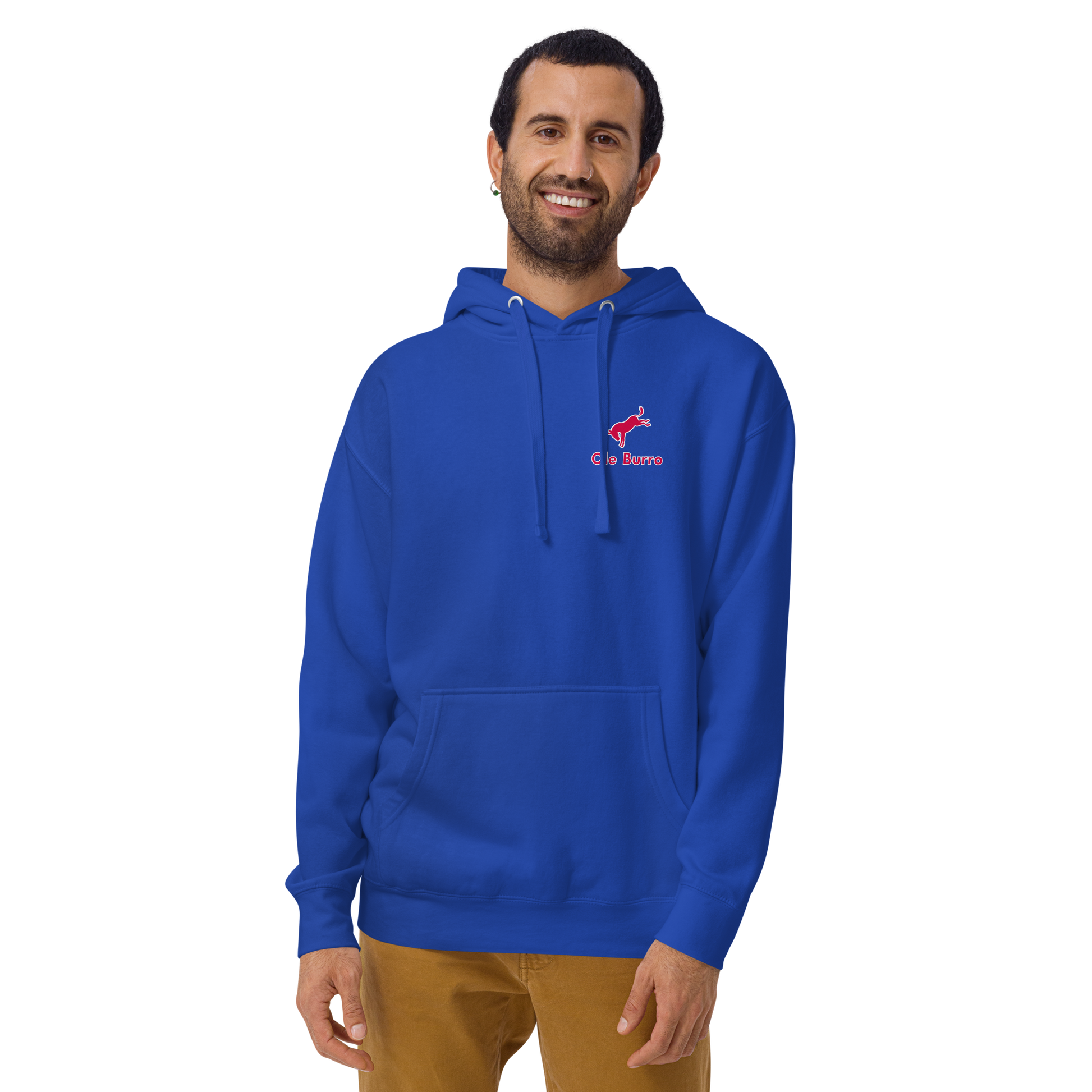 Man wearing a blue hoodie with a logo on a white background