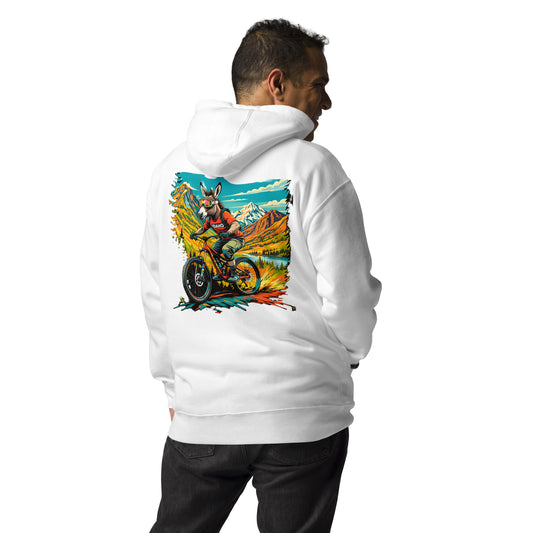 Person wearing a white hoodie with a colorful graphic on the back, standing against a white background