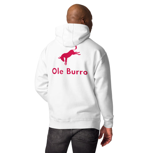 Person wearing a white hoodie with 'Ole Burro' logo on the back, on a white background