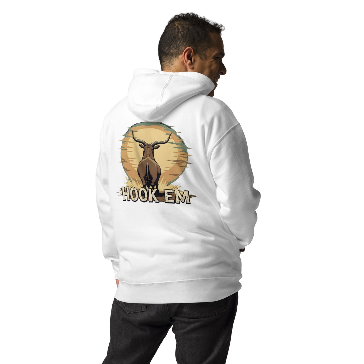 Person wearing a white hoodie with a graphic design on the back, featuring a deer and 'HOOK EM' text.