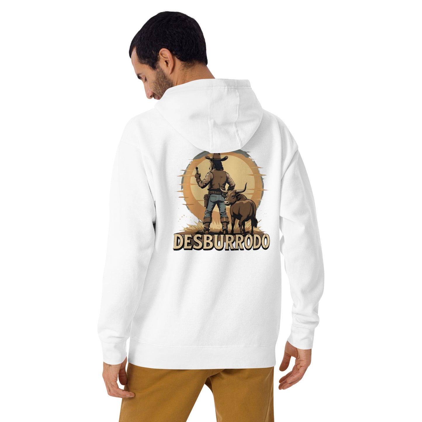 White hoodie with a graphic design on the back, featuring a person and animal, on a white background.