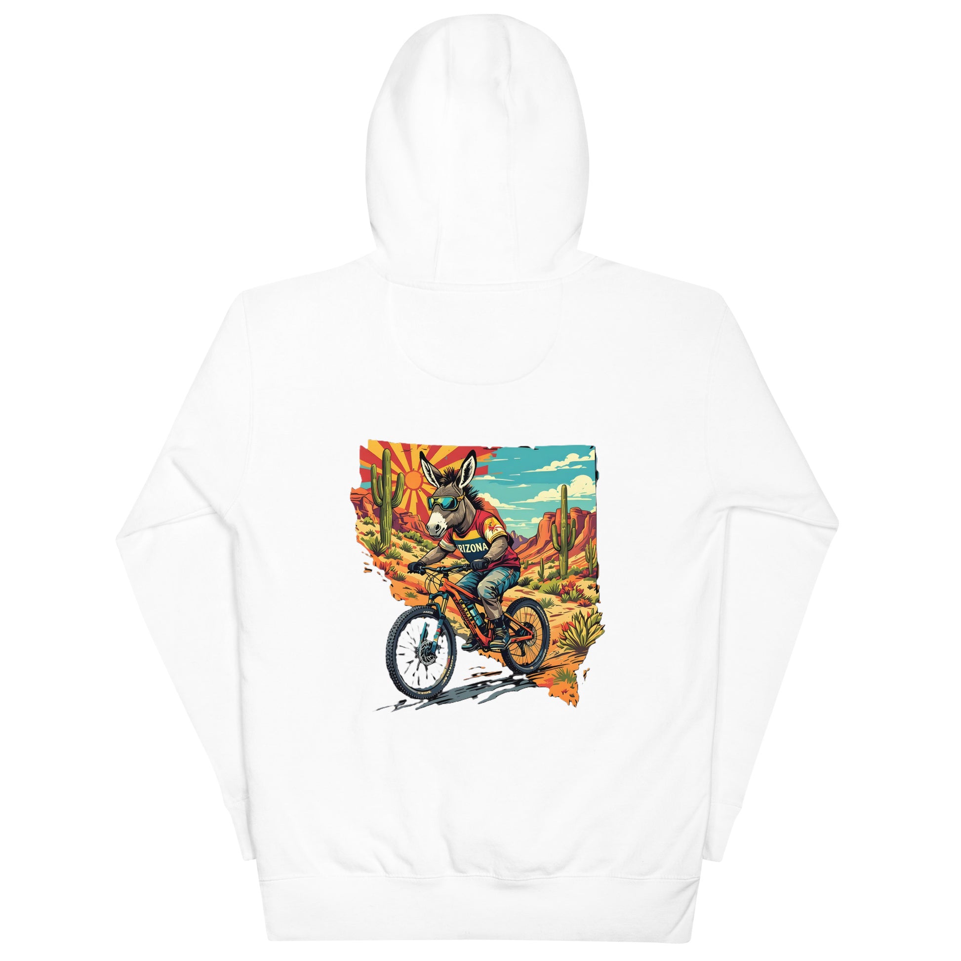 White hoodie with a colorful graphic of a person on a bike in a desert landscape.