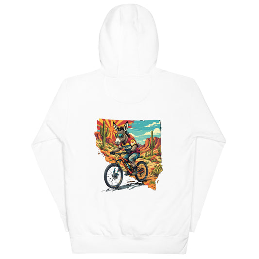 White hoodie with a colorful graphic of a person on a bike in a desert landscape.