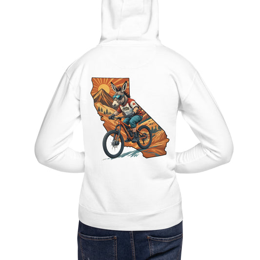 White hoodie with a graphic of a bear riding a bike on a California map