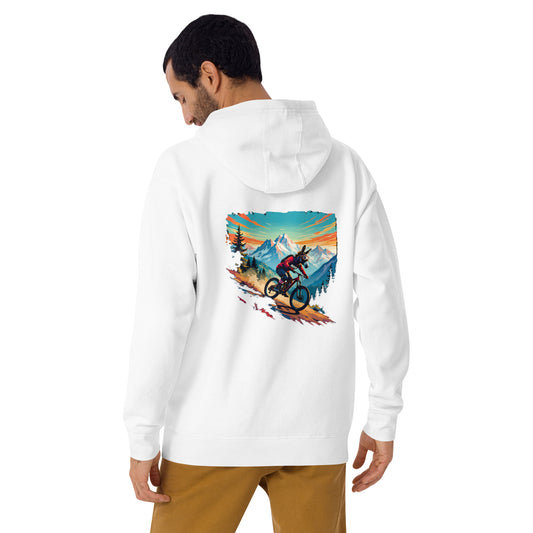 White hoodie with a colorful graphic of a mountain bike on the back, worn by a person.