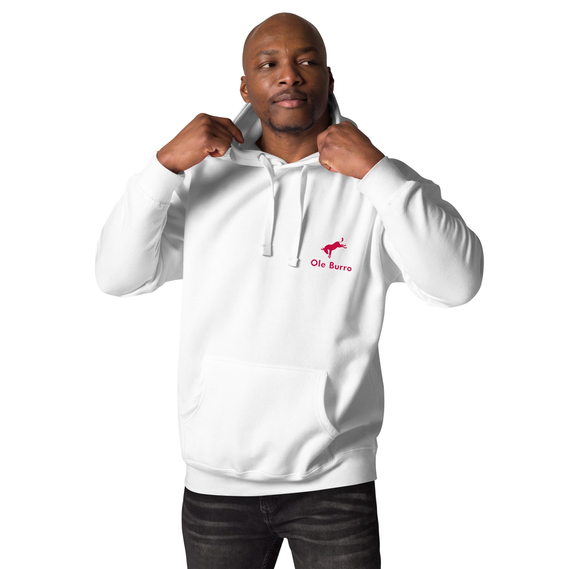 Man wearing a white hoodie with a logo on a white background
