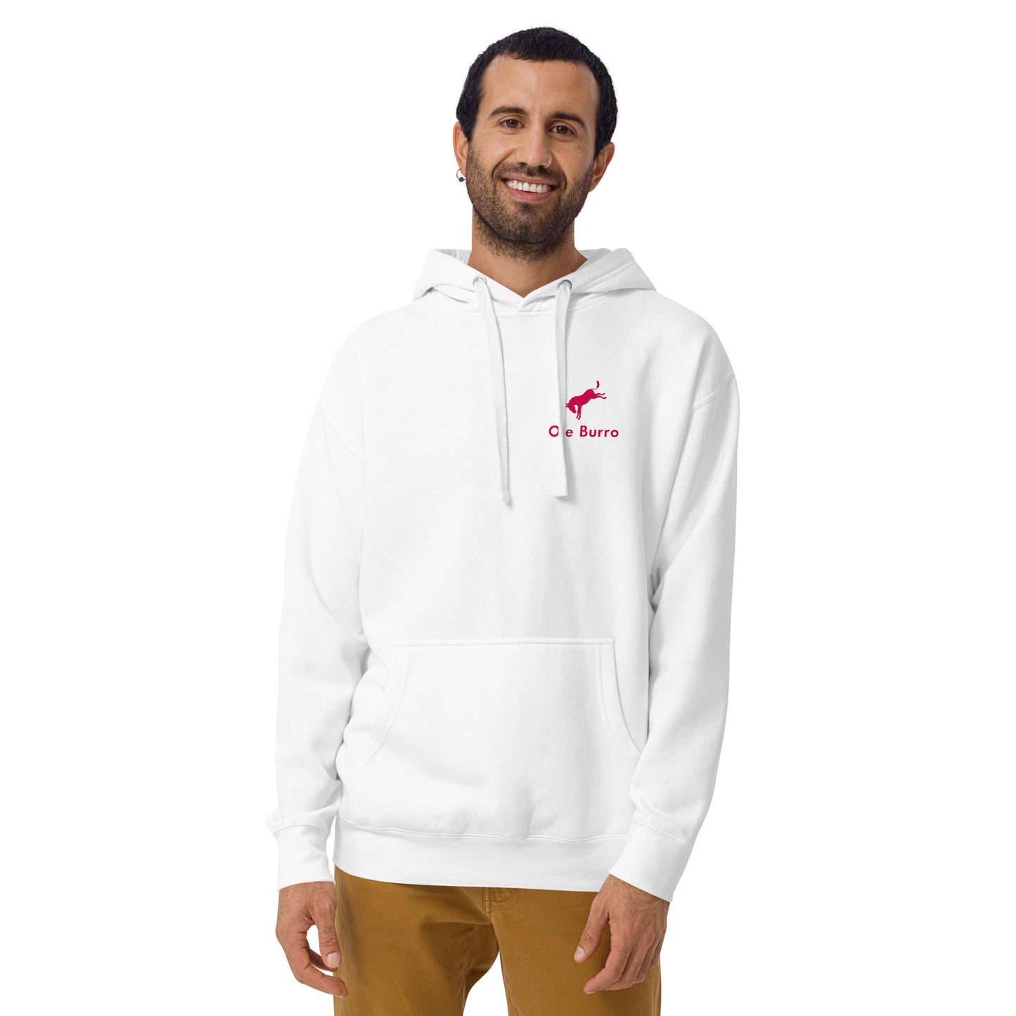 Man wearing a white hoodie with a logo on a white background