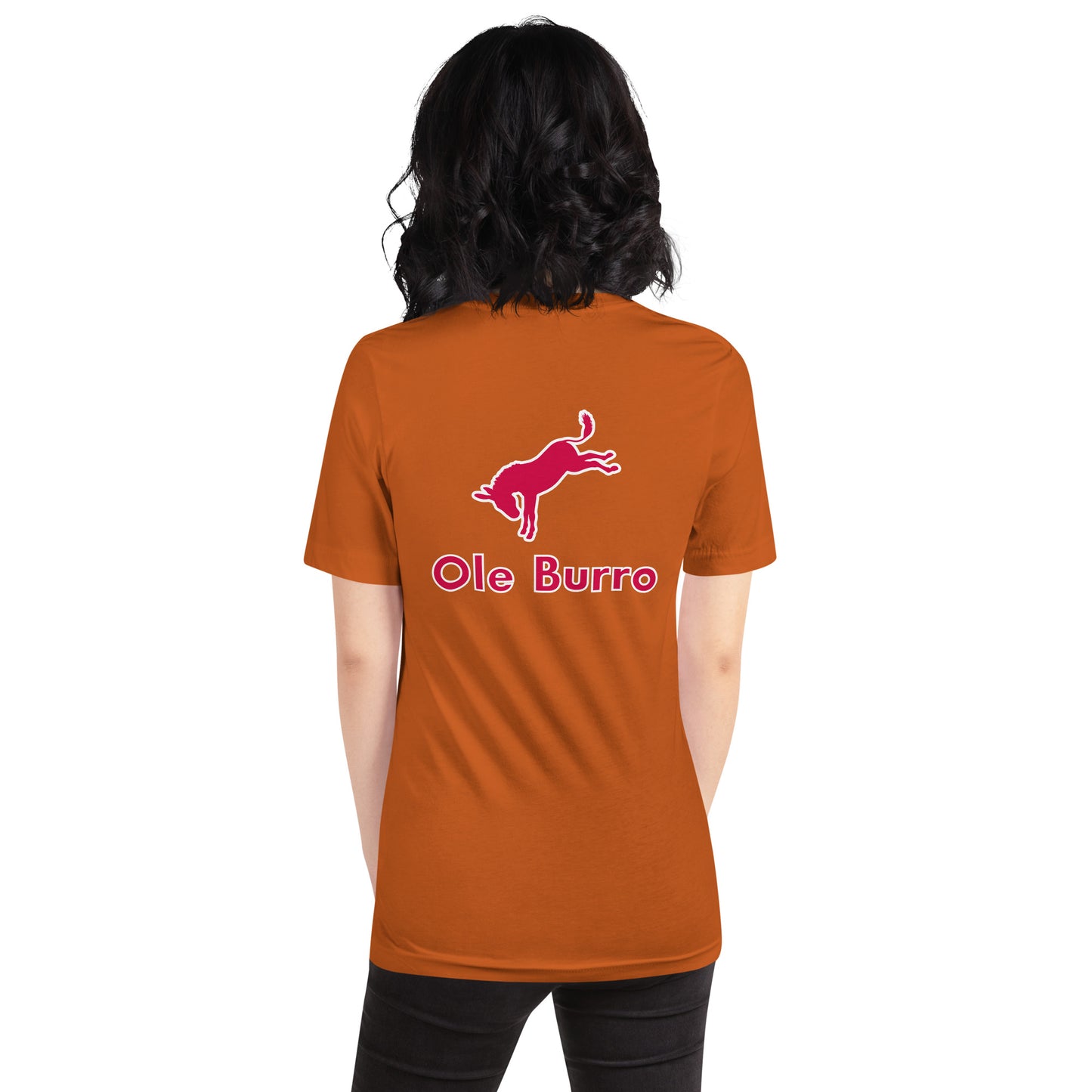 Person wearing an orange t-shirt with a pink graphic and 'Ole Burro' text on the back.