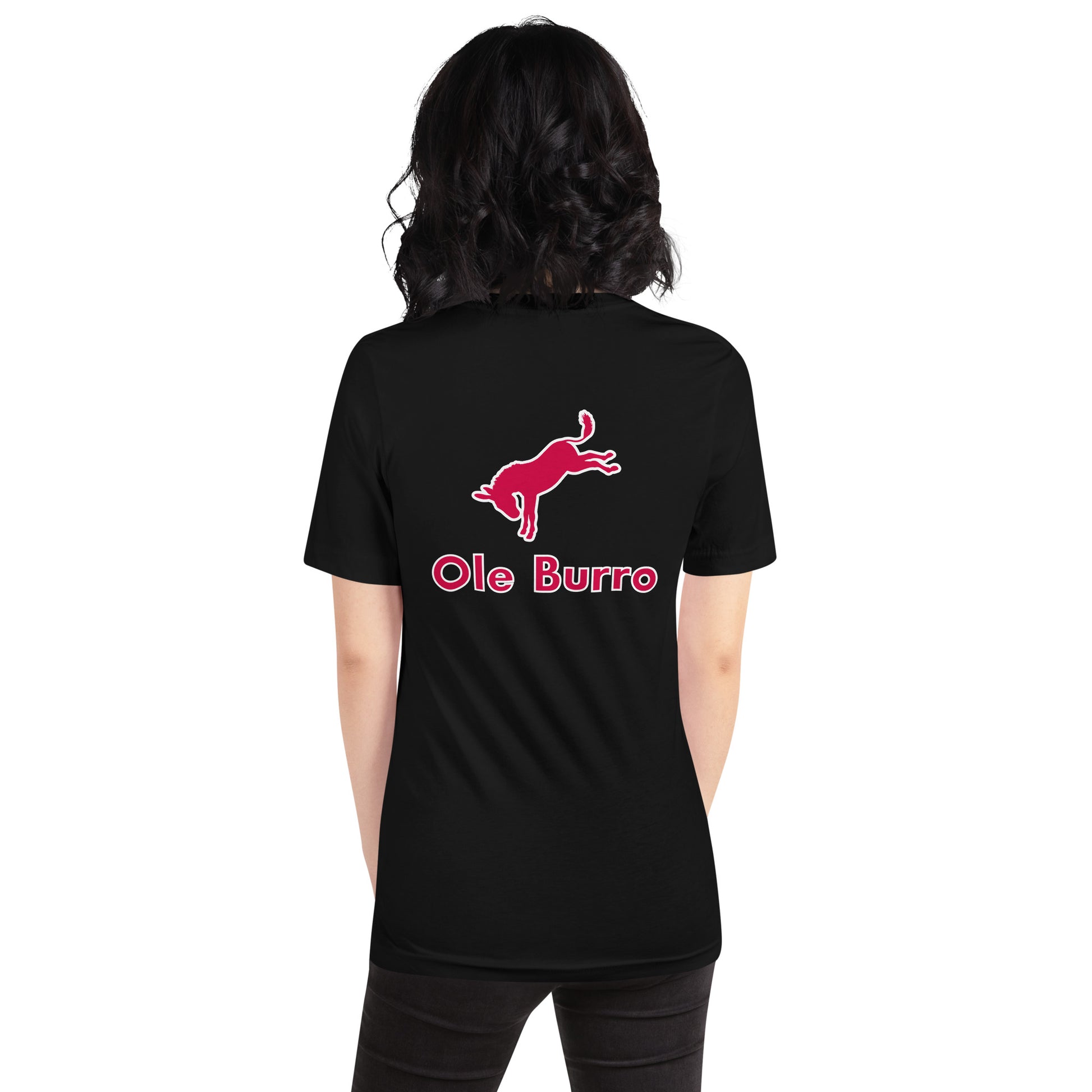Person wearing a black t-shirt with a red logo and text on the back