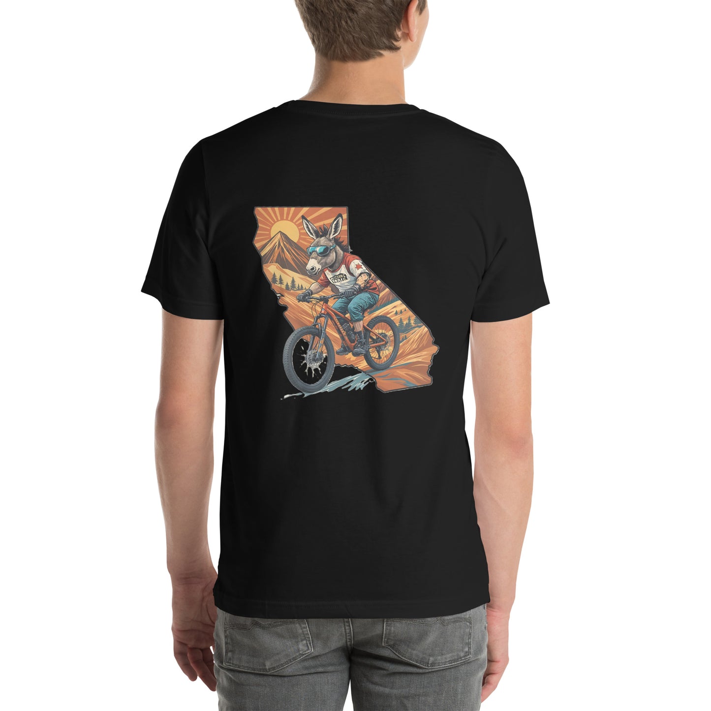 Black t-shirt with a graphic design of a mountain and animals on the back, worn by a person.