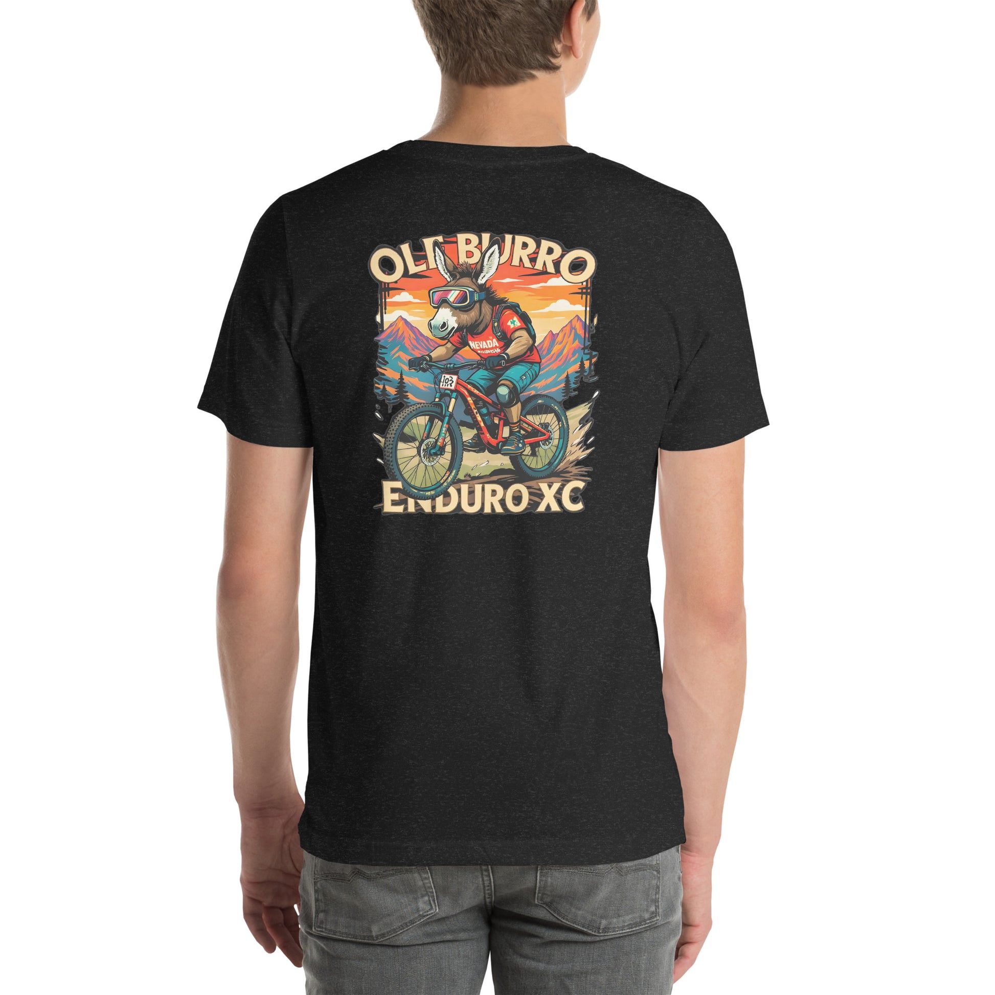 Person wearing a black t-shirt with a graphic design on the back, featuring a mountain bike rider and text.