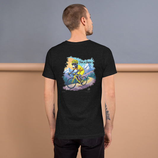 Man wearing a black t-shirt with a colorful graphic on the back, standing against a plain background.