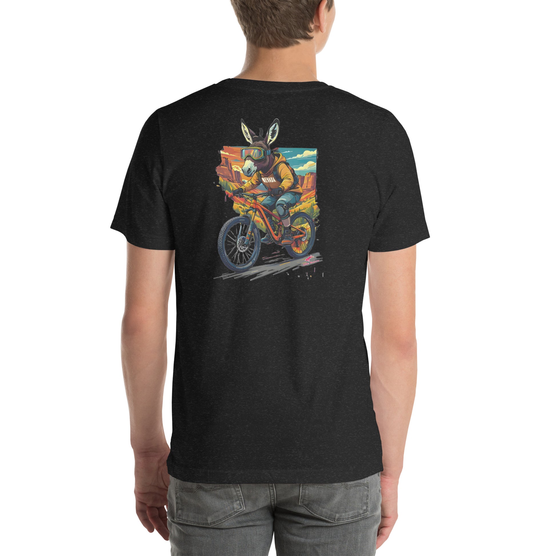 Person wearing a black t-shirt with a colorful graphic of a burro on a mountain bike on the back.