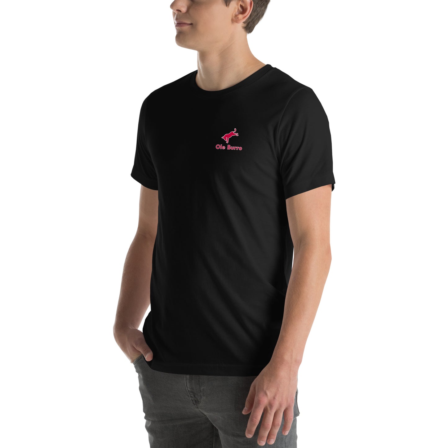 Person wearing a black t-shirt with a pink logo on a white background