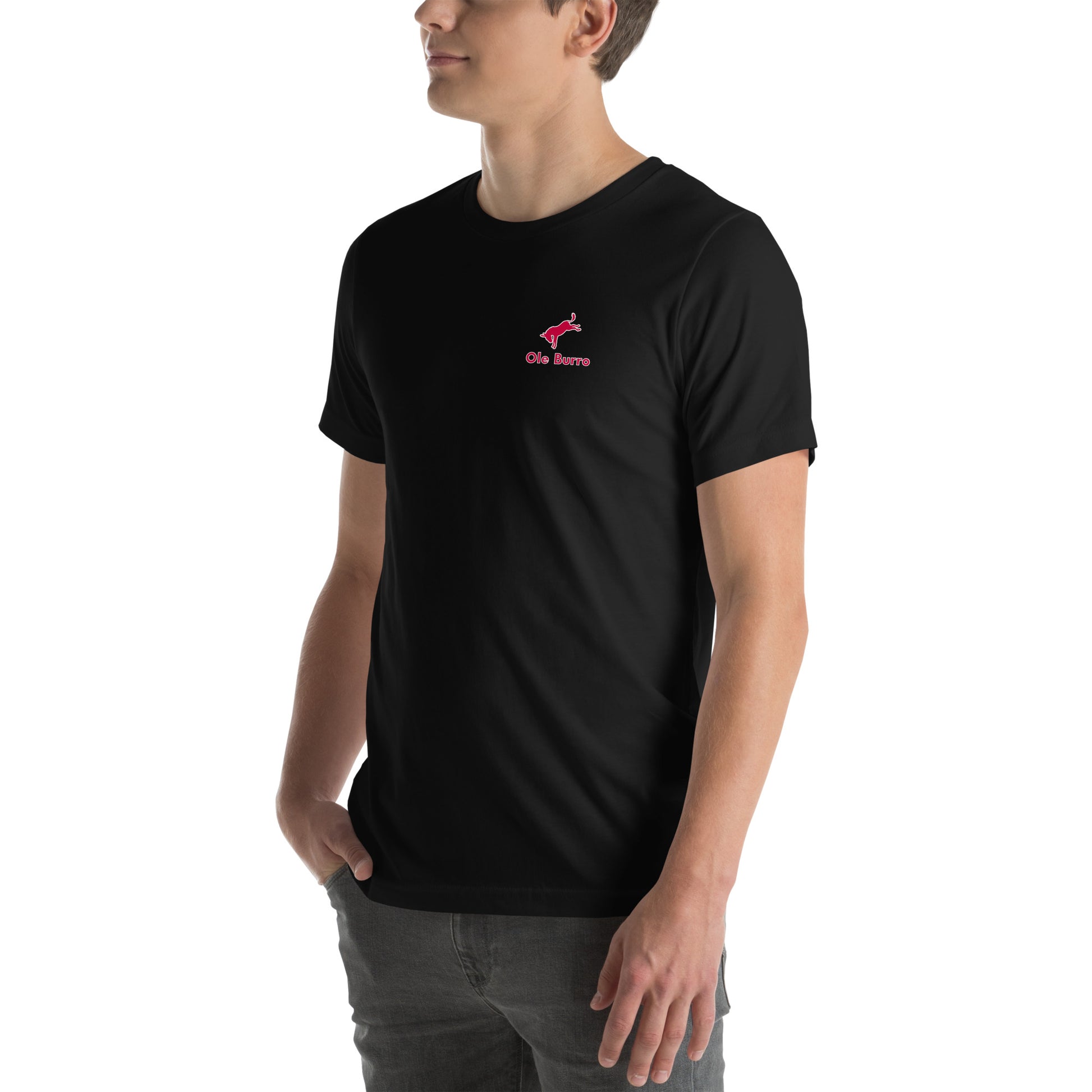 Person wearing a black t-shirt with a pink logo on a white background